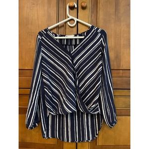 Lush Navy Blue White Striped Surplice Long Sleeve High Low Top Womens Size XS